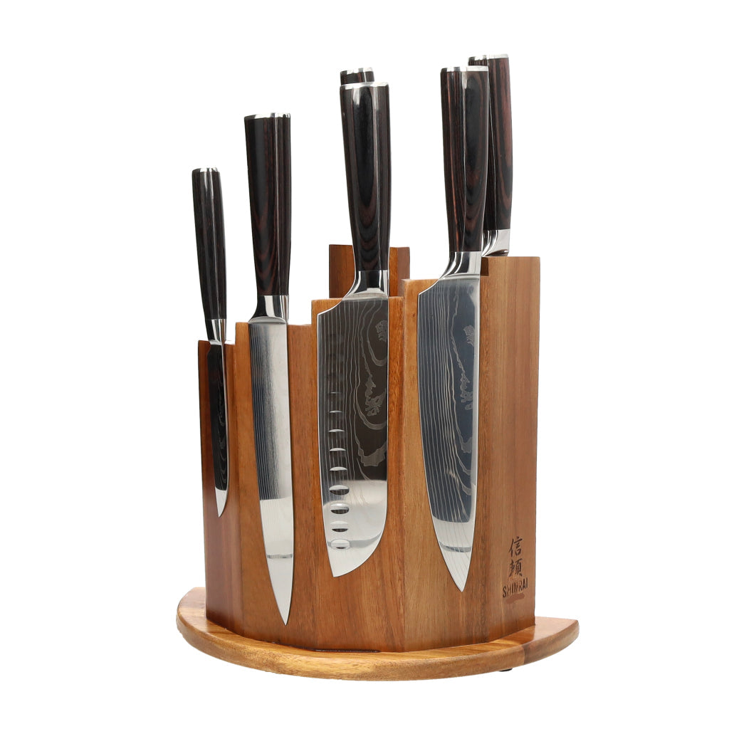 Shinrai Japan - Ensemble de couteaux 7 pièces imprimé Damas + bloc de couteaux magnétique Scalae - Bois d'acacia