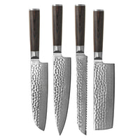 Shinrai Knives - Ensemble de 4 couteaux en damas martelé BR - Couteau de chef + Nakiri + Santoku + Couteau à pain