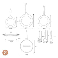 Ensemble de cuisine GreenPan - Geneva All You Need 9 pièces (18/24/24/28/28 cm) : 2 poêles à frire, 1 cocotte avec couvercle, 1 wok, 1 casserole et 3 spatules.
