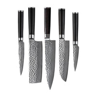 Shinrai Japan - Hammered Damast BR 5-delige Messenset + Magnetisch Messenblok Scalae - Acacia hout Shinrai Japan