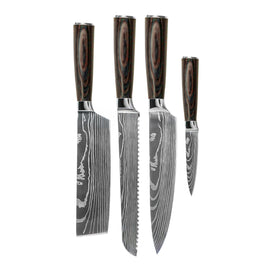Shinrai Knives - Damascus Print 4-Piece Knife Set - Chef's Knife + Bread Knife + Nakiri + Paring Knife Shinrai Knives - Damascus Print 4-delige Messenset - Koksmes + Broodmes + Nakiri + Schilmes Messenset Shinrai Knives