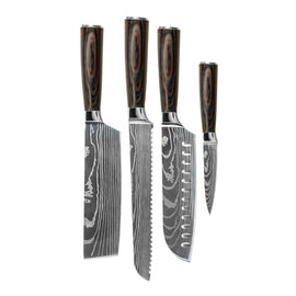 Shinrai Knives - Damascus Print 4-Piece Knife Set - Santoku + Bread Knife + Nakiri + Paring Knife Shinrai Knives - Damascus Print 4-delige Messenset - Santoku + Broodmes + Nakiri + Schilmes Messenset Shinrai Knives