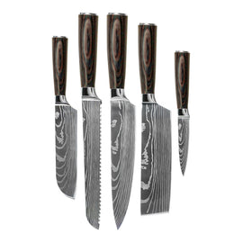 Shinrai Knives - Damascus Print 5-Piece Knife Set - Chef's Knife + Bread Knife + Nakiri + Small Santoku + Paring Knife Shinrai Knives - Damascus Print 5-delige Messenset - Koksmes + Broodmes + Nakiri + Kleine Santoku + Schilmes Messenset Shinrai Knives