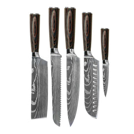 Shinrai Knives - Damascus Print 5-Piece Knife Set - Chef's Knife + Bread Knife + Nakiri + Santoku + Paring Knife Shinrai Knives - Damascus Print 5-delige Messenset - Koksmes + Broodmes + Nakiri + Santoku + Schilmes Messenset Shinrai Knives