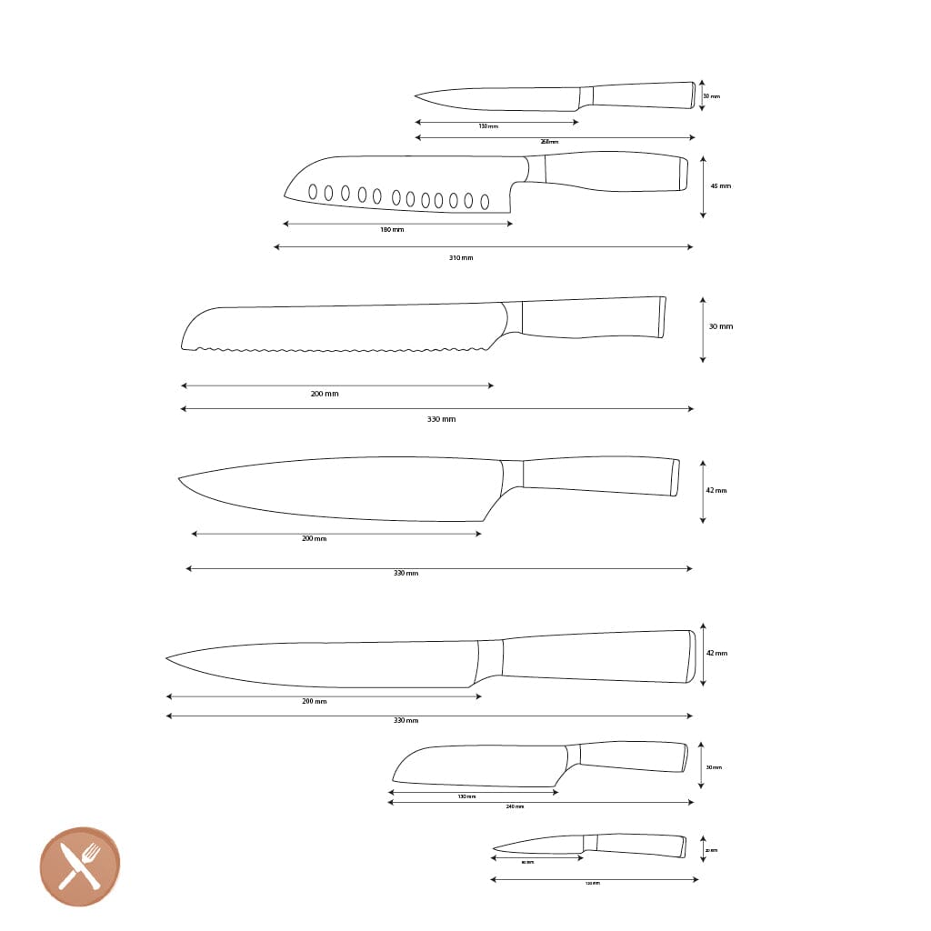 Shinrai Knives - Damascus Print 7-delige Messenset Messenset Shinrai Knives