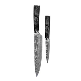 Shinrai Knives - Damascus Print Epoxy Onyx 2-Piece Knife Set - Chef's Knife + Paring Knife Shinrai Knives - Damascus Print Epoxy Onyx 2-delige Messenset - Koksmes + Schilmes Messenset Shinrai Knives