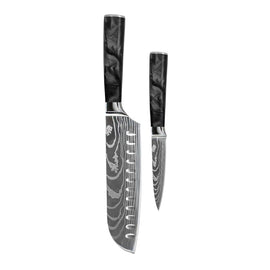 Shinrai Knives - Damascus Print Epoxy Onyx 2-piece Knife Set - Santoku + Paring Knife Shinrai Knives - Damascus Print Epoxy Onyx 2-delige Messenset - Santoku + Schilmes Messenset Shinrai Knives
