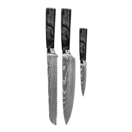 Shinrai Knives - Damascus Print Epoxy Onyx 3-Piece Knife Set - Chef's Knife + Bread Knife + Paring Knife Shinrai Knives - Damascus Print Epoxy Onyx 3-delige Messenset - Koksmes + Broodmes + Schilmes Messenset Shinrai Knives