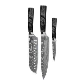 Couteaux Shinrai - Ensemble de 3 couteaux en résine époxy et onyx imprimé Damas - Couteau de chef, Santoku et couteau d'office Shinrai Knives - Damascus Print Epoxy Onyx 3-delige Messenset - Koksmes + Santoku + Schilmes Messenset Shinrai Knives