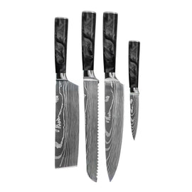 Shinrai Knives - Damascus Print Epoxy Onyx 4-Piece Knife Set - Chef's Knife + Bread Knife + Nakiri + Paring Knife Shinrai Knives - Damascus Print Epoxy Onyx 4-delige Messenset - Koksmes + Broodmes + Nakiri + Schilmes Messenset Shinrai Knives