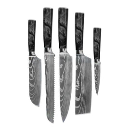 Shinrai Knives - Damascus Print Epoxy Onyx 5-piece Knife Set - Chef's Knife + Bread Knife + Nakiri + Small Santoku + Paring Knife Shinrai Knives - Damascus Print Epoxy Onyx 5-delige Messenset - Koksmes + Broodmes + Nakiri + Kleine Santoku + Schilmes Messenset Shinrai Knives