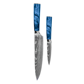Shinrai Knives - Damascus Print Epoxy Sapphire 2-Piece Knife Set - Chef's Knife + Paring Knife Shinrai Knives - Damascus Print Epoxy Sapphire 2-delige Messenset - Koksmes + Schilmes Messenset Shinrai Knives