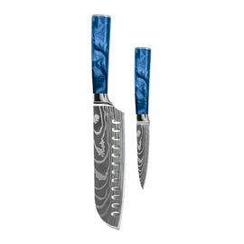 Shinrai Knives - Damascus Print Epoxy Sapphire 2-piece Knife Set - Santoku + Paring Knife Shinrai Knives - Damascus Print Epoxy Sapphire 2-delige Messenset - Santoku + Schilmes Messenset Shinrai Knives
