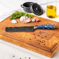 Couteaux Shinrai - Coffret de 4 couteaux en résine époxy saphir à motif damassé - Couteau de chef + Couteau à pain + Nakiri + Couteau d'office