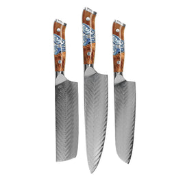 Shinrai Knives - Eclipse 3-piece Damascus Knife Set - Chef's Knife + Nakiri + Santoku Shinrai Knives - Eclipse 3-delige Damascus Messenset - Koksmes + Nakiri + Santoku Messenset Shinrai Knives