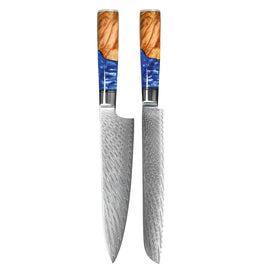 Shinrai Knives - Epoxy Sapphire 2-Piece Damascus Knife Set - Chef's Knife + Bread Knife Shinrai Knives - Epoxy Sapphire 2-delige Damascus Messenset - Koksmes + Broodmes Messenset Shinrai Knives