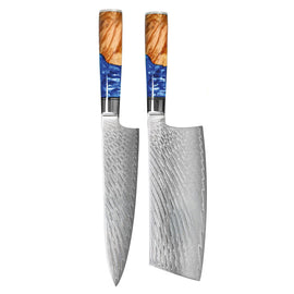 Shinrai Knives - Epoxy Sapphire 2-Piece Damascus Knife Set - Chef's Knife + Nakiri Shinrai Knives - Epoxy Sapphire 2-delige Damascus Messenset - Koksmes + Nakiri Messenset Shinrai Knives