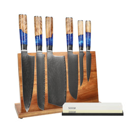 Shinrai Knives - Epoxy Sapphire 6-Piece Knife Set + Knife Block + Sharpening Stone Shinrai Knives - Epoxy Sapphire 6-delige Messenset + Messenblok + Slijpsteen Messenset met blok en slijpsteen Shinrai Knives