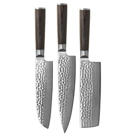 Shinrai Knives - Hammered Damask BR 3-Piece Knife Set - Chef's Knife + Nakiri + Santoku Shinrai Knives - Hammered Damast BR 3-delige Messenset - Koksmes + Nakiri + Santoku Messenset Shinrai Knives