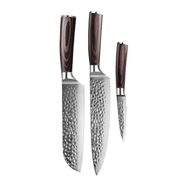 Shinrai Knives - Hammered Stainless Steel 3-Piece Knife Set - Chef's Knife + Santoku + Paring Knife Shinrai Knives - Hammered RVS 3-delige Messenset - Koksmes + Santoku + Schilmes Messenset Shinrai Knives