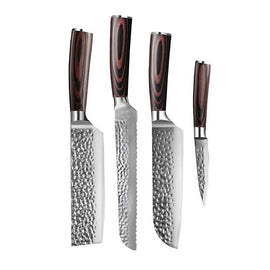 Shinrai Knives - Hammered Stainless Steel 4-piece Knife Set - Santoku + Bread Knife + Nakiri + Paring Knife Shinrai Knives - Hammered RVS 4-delige Messenset - Santoku + Broodmes + Nakiri + Schilmes Messenset Shinrai Knives