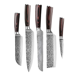 Shinrai Knives - Hammered Stainless Steel 5-Piece Knife Set - Chef's Knife + Bread Knife + Nakiri + Small Santoku + Paring Knife Shinrai Knives - Hammered RVS 5-delige Messenset - Koksmes + Broodmes + Nakiri + Kleine Santoku + Schilmes Messenset Shinrai Knives