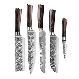 Shinrai Knives - Hammered Stainless Steel 5-Piece Knife Set - Chef's Knife + Bread Knife + Nakiri + Santoku + Paring Knife Shinrai Knives - Hammered RVS 5-delige Messenset - Koksmes + Broodmes + Nakiri + Santoku + Schilmes Messenset Shinrai Knives