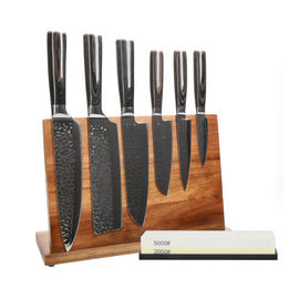 Shinrai Knives - Hammered Stainless Steel 6-Piece Knife Set + Knife Block + Sharpening Stone Shinrai Knives - Hammered RVS 6-delige Messenset + Messenblok + Slijpsteen Messenset met blok en slijpsteen Shinrai Knives