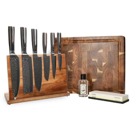 Shinrai Knives - Hammered Stainless Steel Mega Bundle - All you need Shinrai Knives - Hammered RVS Mega Bundel - All you need Messenset met blok, snijplank en slijpsteen Shinrai Knives