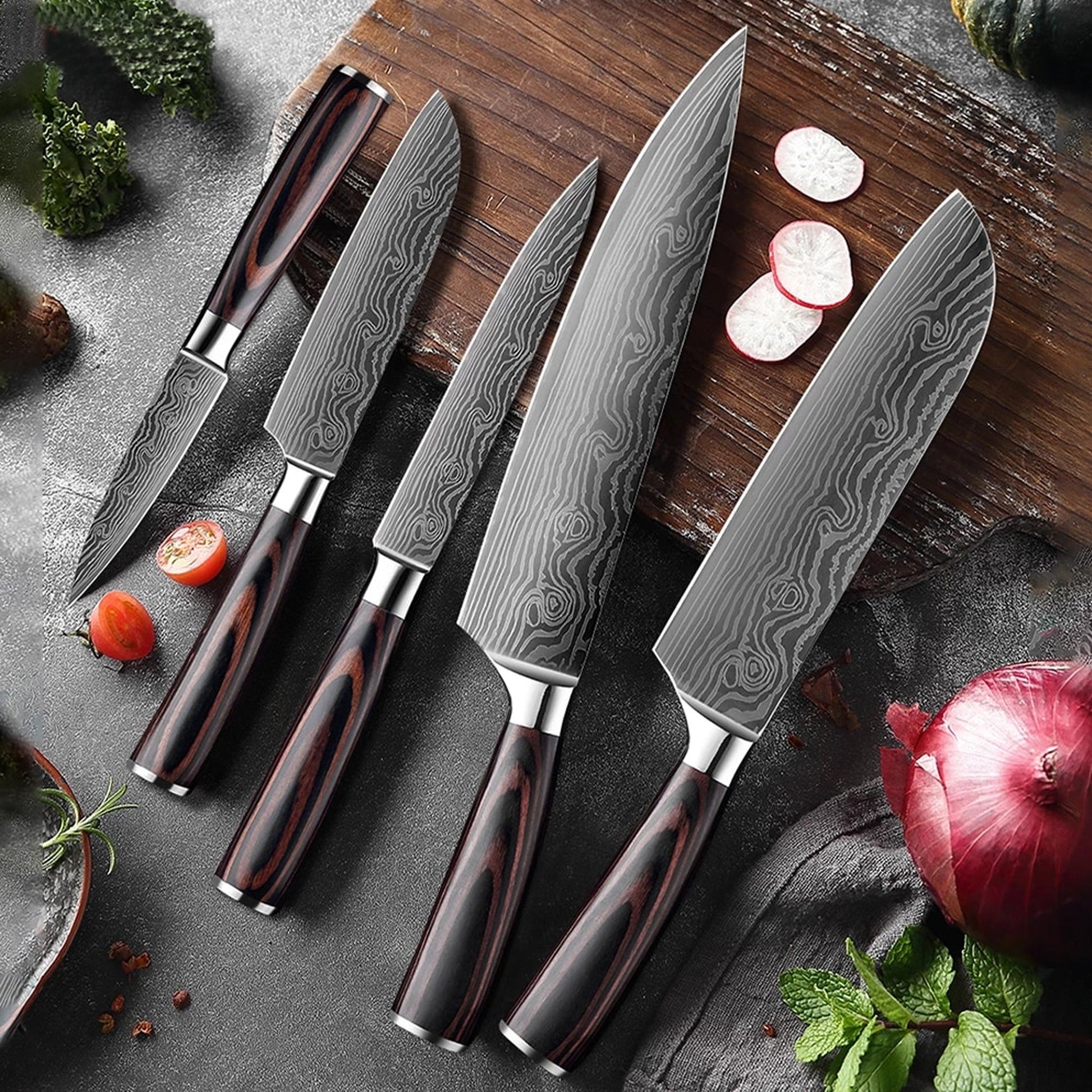 Damascus Print Series 5-delige messenset set 1 + Acacia Houder Style 1 Keukenmessen Shinrai Japan