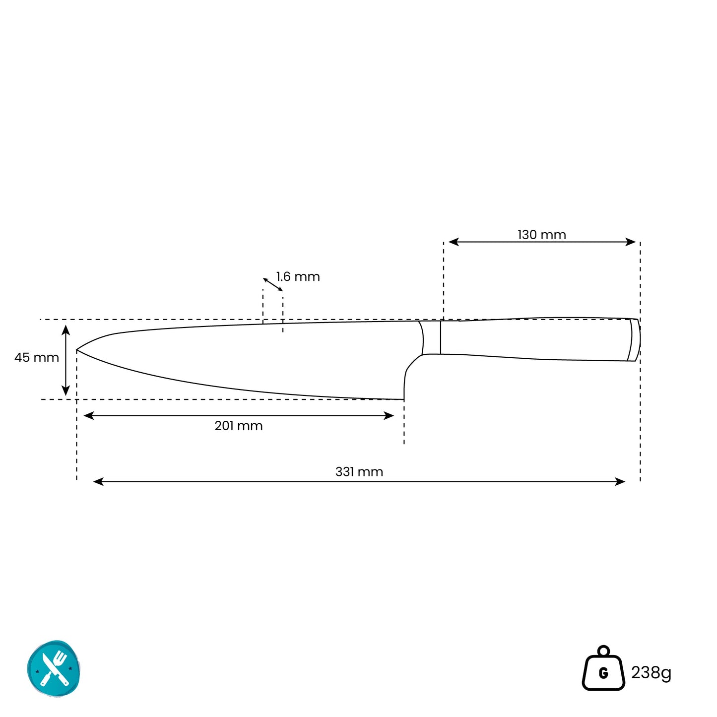 Hammered Damast BR - Damascus Koksmes 20 cm Keukenmessen Shinrai Japan
