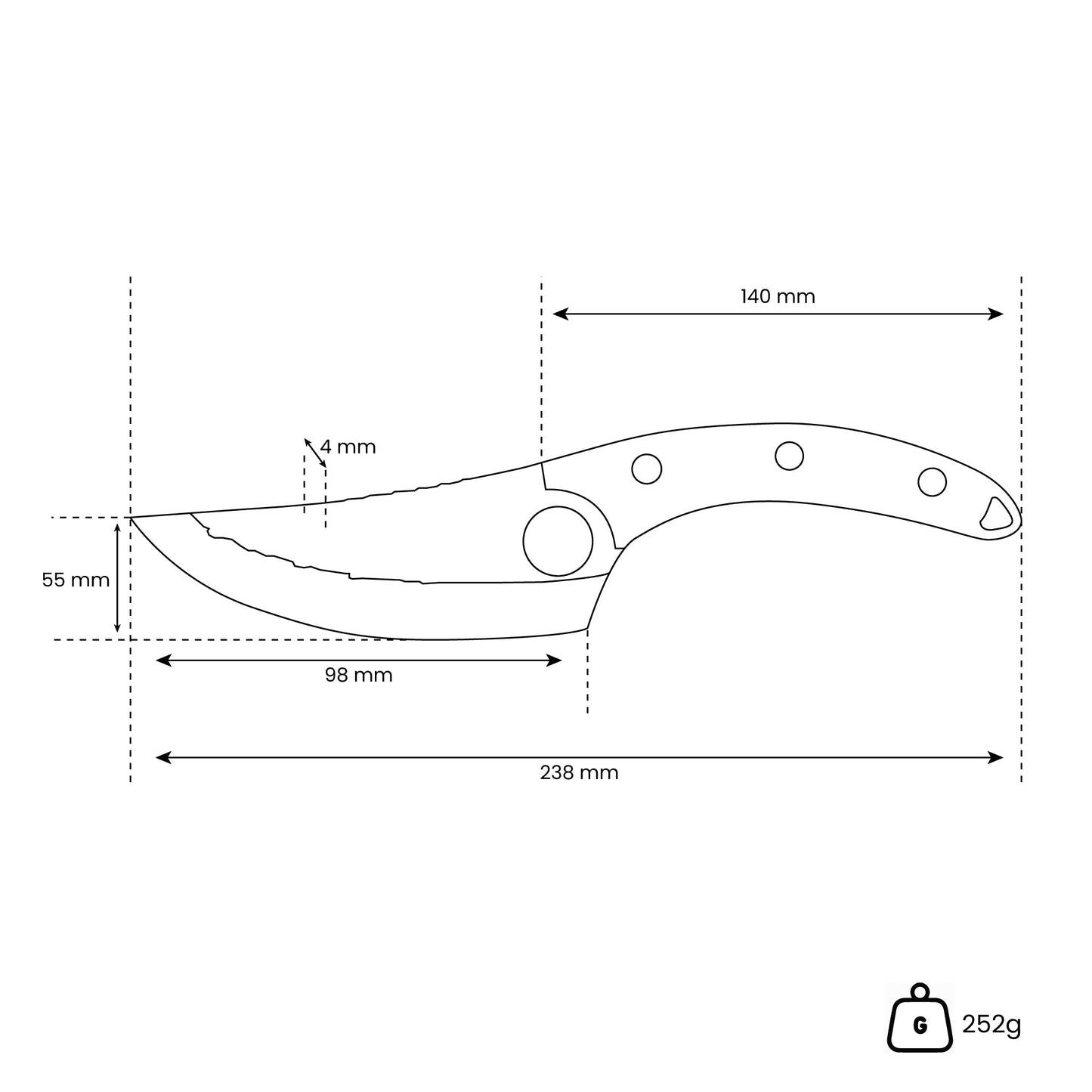 Hammered RVS Gladiator Series - Universeel Koksmes met holster Shinrai Japan
