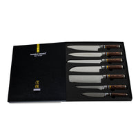 Micarta Jewels 7-delige Damascus Messenset + Acacia houder dubbelzijdig Messensets Shinrai Japan