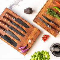 Micarta Jewels 7-delige Damascus Messenset + Acaciahouder Dubbelzijdig Messensets Shinrai Japan