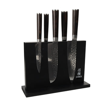 Shinrai Knives - Hammered Damask BR 5-Piece Knife Set + Magnetic Knife Block Double-Sided - Black