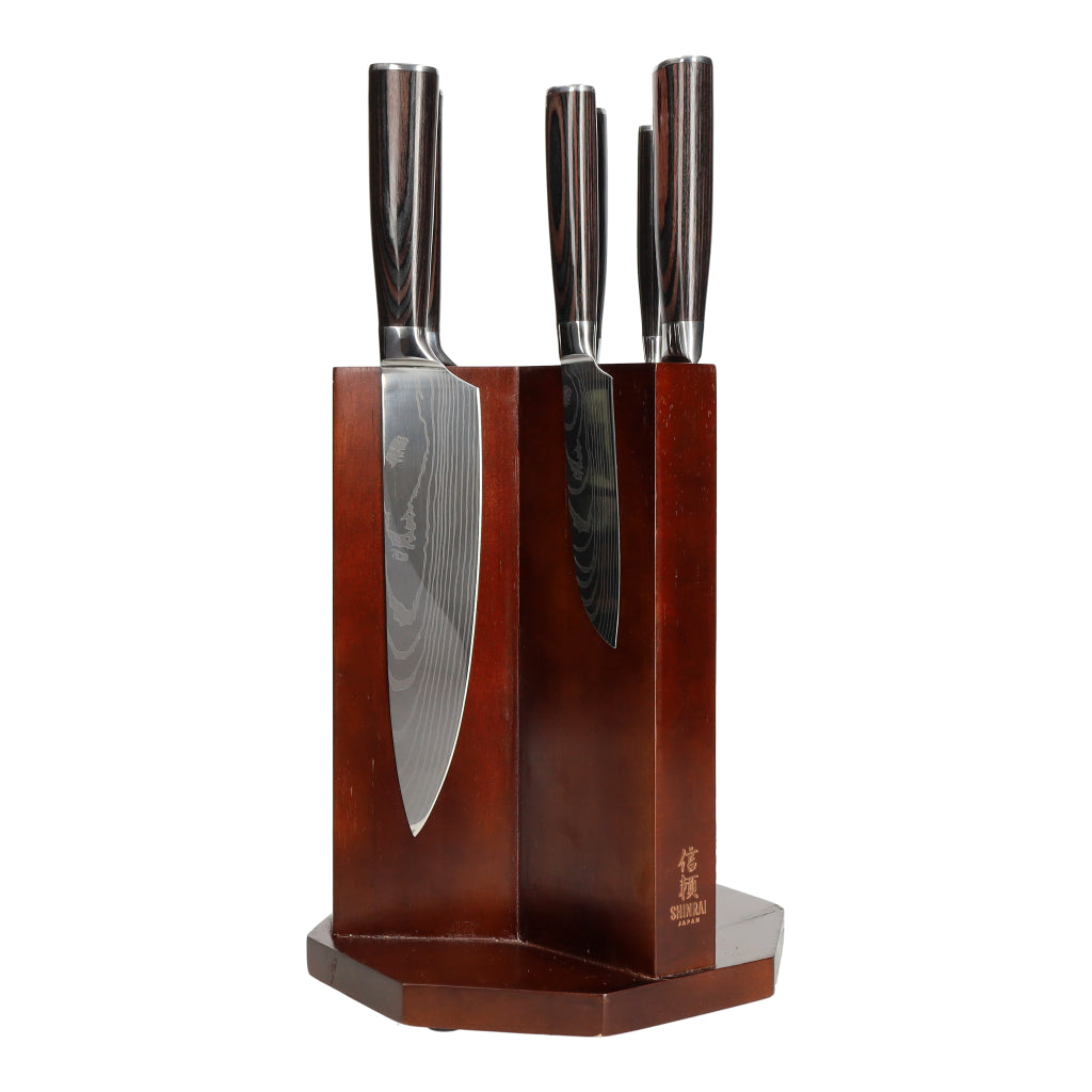 Shinrai Japan - Damascus Print 7-piece Knife Set + Magnetic Knife Block Tribus - Acacia wood