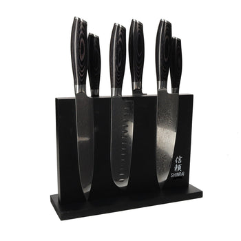 Shinrai Knives - Damask Pakka Wood 6-Piece Knife Set + Magnetic Knife Block Double-Sided - Black