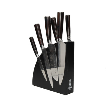 Shinrai Japan - Damascus Print 7-piece Knife Set + Magnetic Knife Block Quarta - Black