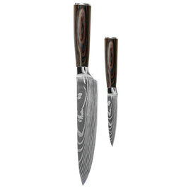 Shinrai Knives - Damascus Print 2-Piece Knife Set - Chef's Knife + Paring Knife