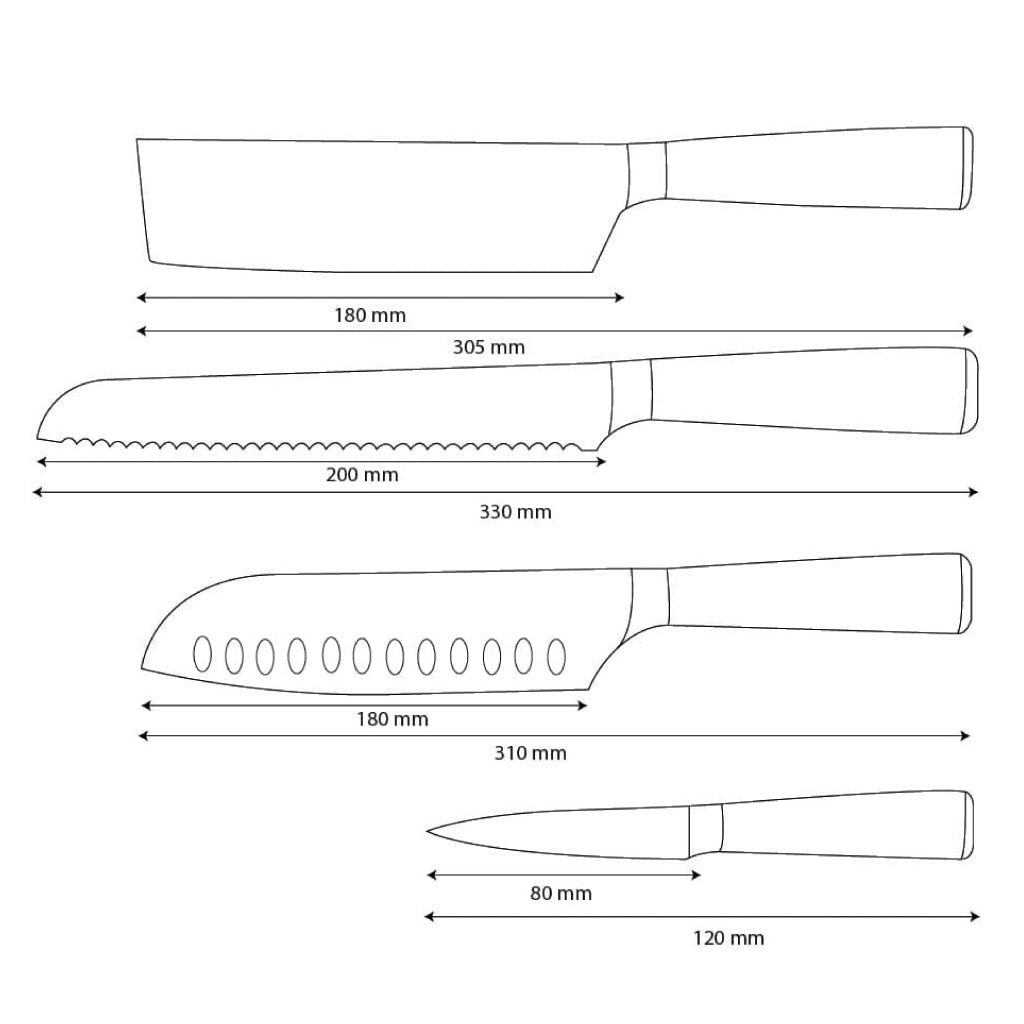 Shinrai Knives - Damascus Print Epoxy Sapphire 4-piece Knife Set - Santoku + Bread Knife + Nakiri + Paring Knife