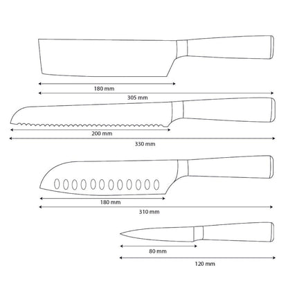 Shinrai Knives - Damascus Print Epoxy Sapphire 4-piece Knife Set - Santoku + Bread Knife + Nakiri + Paring Knife