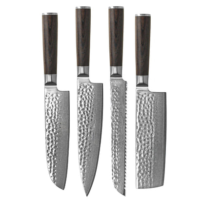 Shinrai Knives - Ensemble de 4 couteaux en damas martelé BR - Couteau de chef + Nakiri + Santoku + Couteau à pain