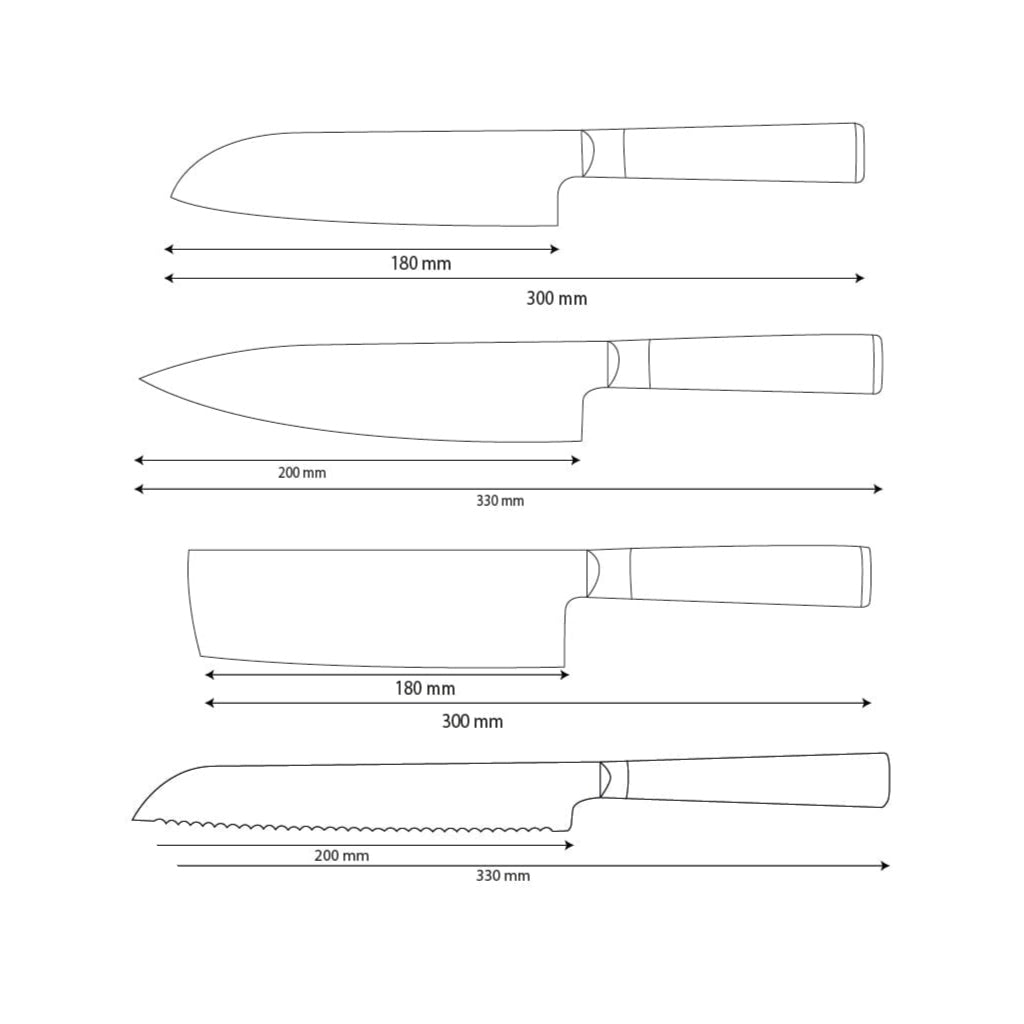 Shinrai Knives - Ensemble de 4 couteaux en damas martelé BR - Couteau de chef + Nakiri + Santoku + Couteau à pain