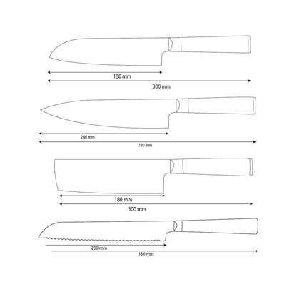 Shinrai Knives - Ensemble de 4 couteaux en damas martelé BR - Couteau de chef + Nakiri + Santoku + Couteau à pain