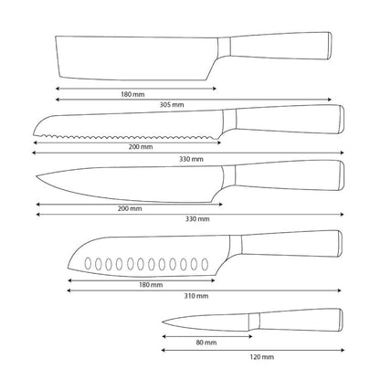 Couteaux Shinrai - Ensemble de couteaux 5 pièces imprimé Damas - Couteau de chef + Couteau à pain + Nakiri + Santoku + Couteau d'office