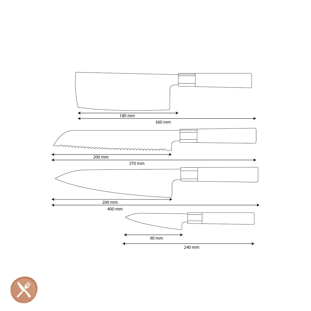Couteaux Shinrai - Ensemble de couteaux damas Kurayami 4 pièces - Couteau de chef + Couteau à pain + Nakiri + Couteau d&#39;office