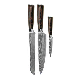 Shinrai Knives - Damascus Print 3-Piece Knife Set - Chef's Knife + Bread Knife + Paring Knife