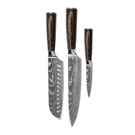 Shinrai Knives - Damascus Print 3-Piece Knife Set - Chef's Knife + Santoku + Paring Knife