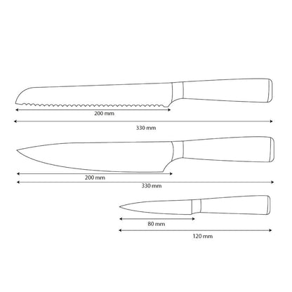 Shinrai Knives - Damascus Print Epoxy Onyx 3-Piece Knife Set - Chef's Knife + Bread Knife + Paring Knife