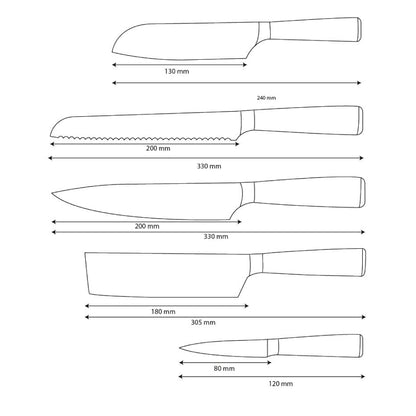 Couteaux Shinrai - Ensemble de 5 couteaux en époxy et onyx imprimé Damas - Couteau de chef, couteau à pain, couteau Nakiri, petit Santoku et couteau d'office